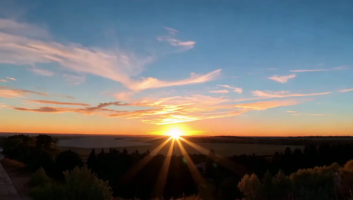 Still frame from the AI-generated sunrise film used in this page's hero: golden sun rising over fields