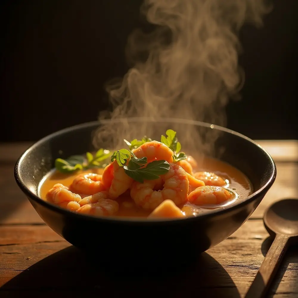 AI-generated food photograph of a steaming bowl of prawn laksa on a rustic wooden table