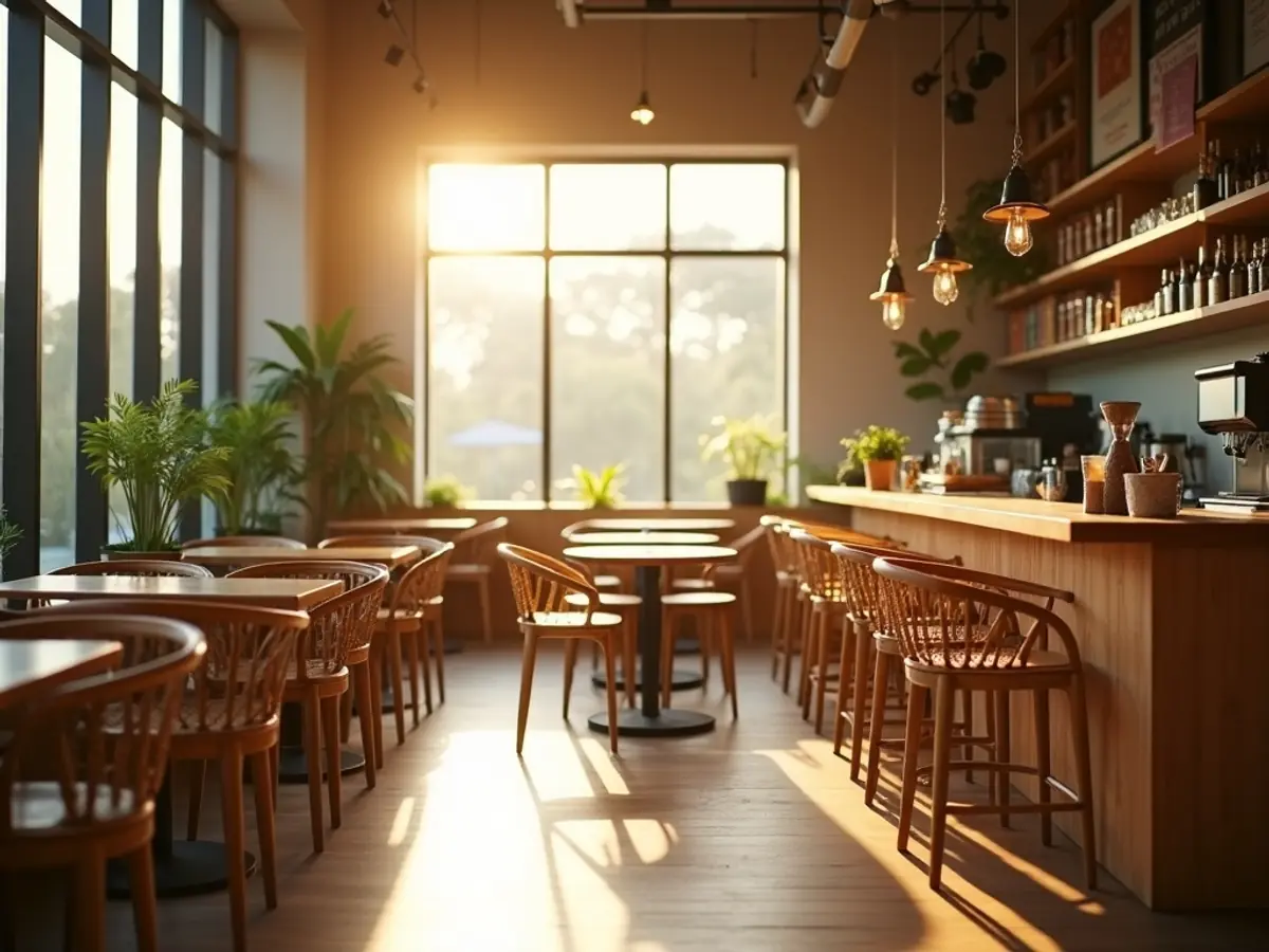 AI-generated interior visualisation of a warm modern café with morning sunlight through tall windows