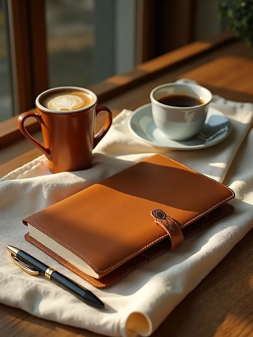 AI-generated lifestyle flat-lay of a leather notebook, pen and coffee on warm oak in golden light