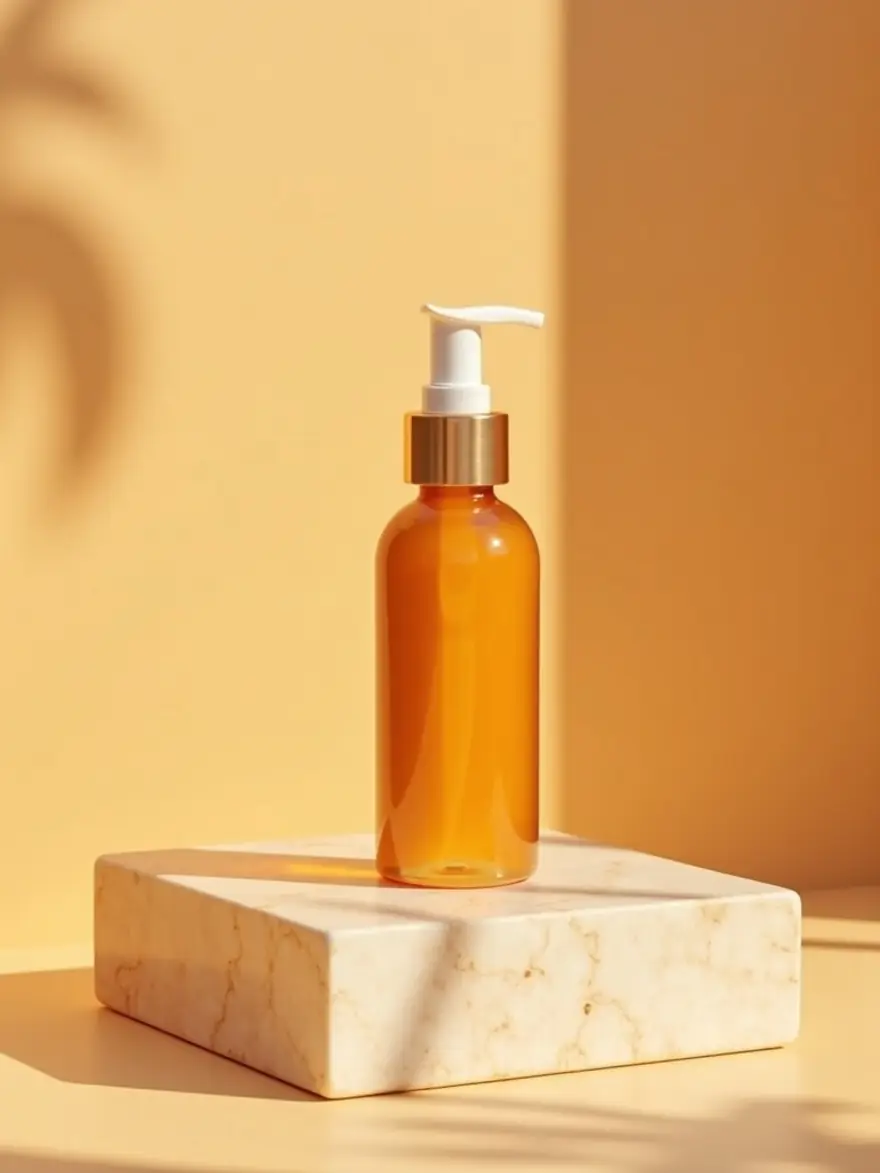 AI-generated product photograph of an amber glass skincare bottle on a travertine stone pedestal in warm morning light